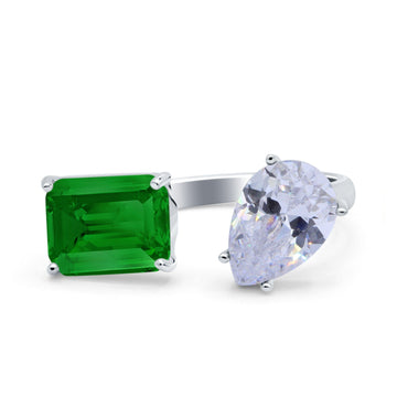 Open Teardrop Pear Emerald Cut Wedding Bridal Simulated Green Emerald CZ Cocktail Ring 925 Sterling Silver
